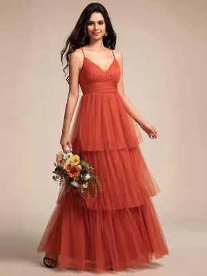 Spaghetti Strap Tiered Tulle Maxi Bridesmaid Dress with Pleats