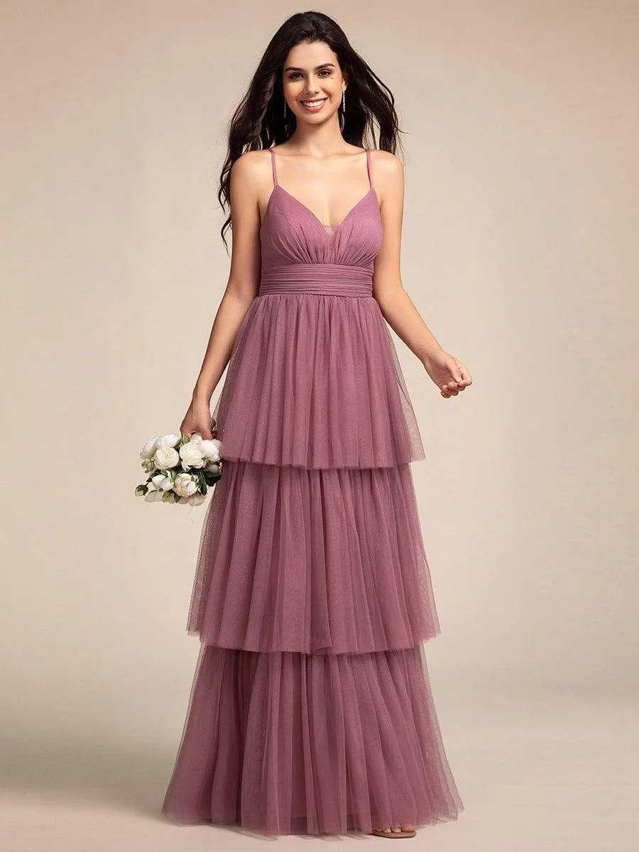 Spaghetti Strap Tiered Tulle Maxi Bridesmaid Dress with Pleats