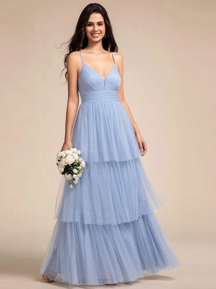 Spaghetti Strap Tiered Tulle Maxi Bridesmaid Dress with Pleats