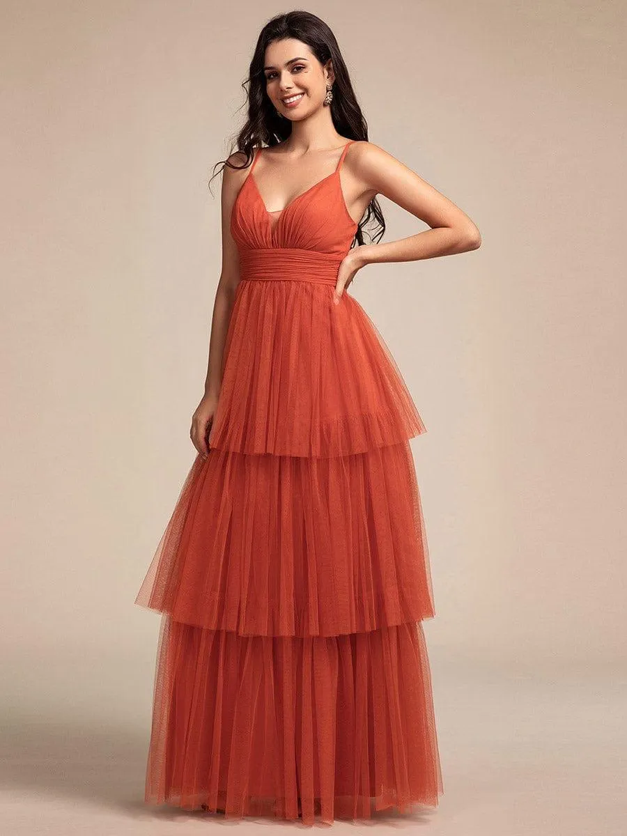 Spaghetti Strap Tiered Tulle Maxi Bridesmaid Dress with Pleats