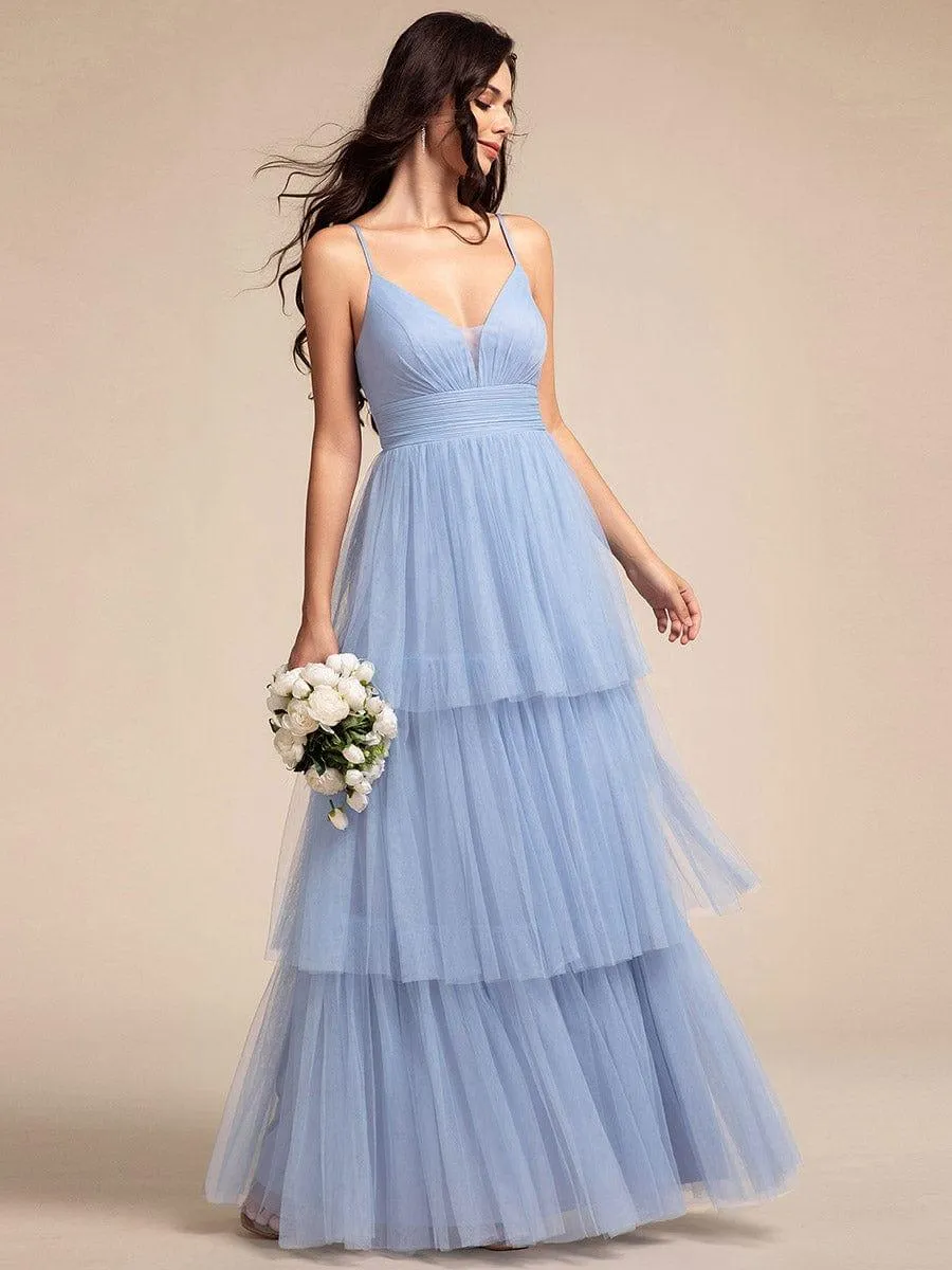 Spaghetti Strap Tiered Tulle Maxi Bridesmaid Dress with Pleats