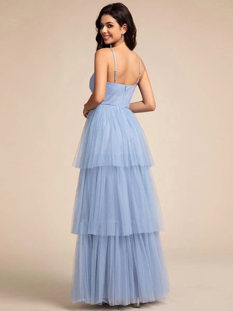 Spaghetti Strap Tiered Tulle Maxi Bridesmaid Dress with Pleats