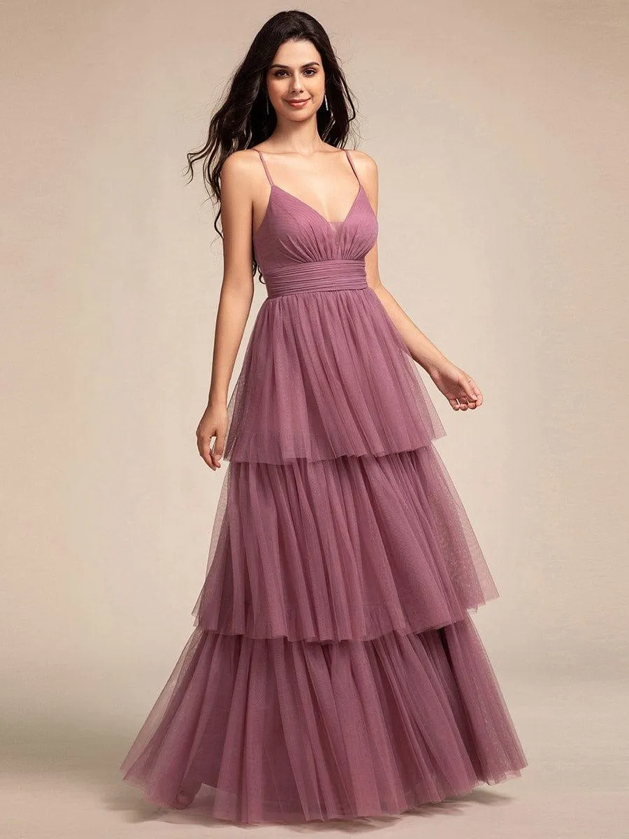 Spaghetti Strap Tiered Tulle Maxi Bridesmaid Dress with Pleats