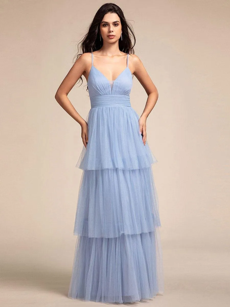 Spaghetti Strap Tiered Tulle Maxi Bridesmaid Dress with Pleats