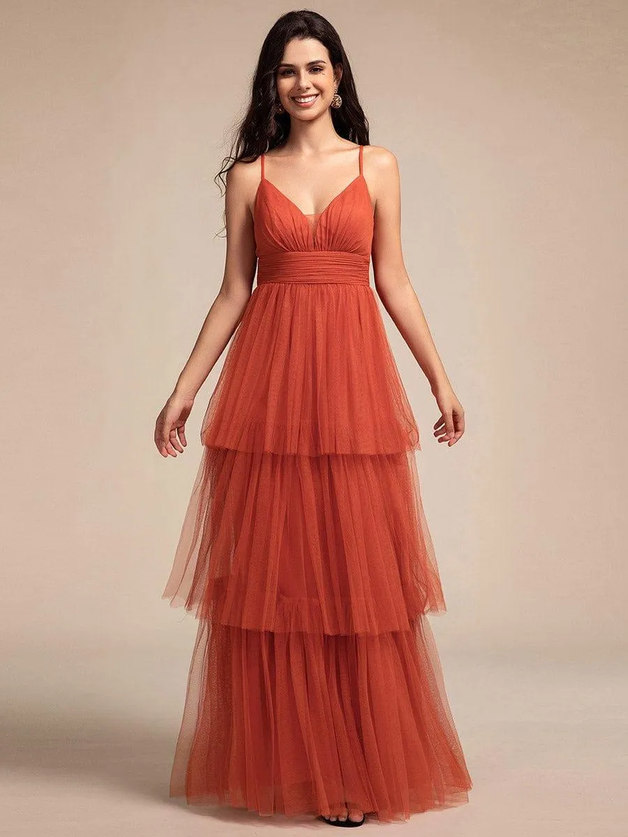 Spaghetti Strap Tiered Tulle Maxi Bridesmaid Dress with Pleats
