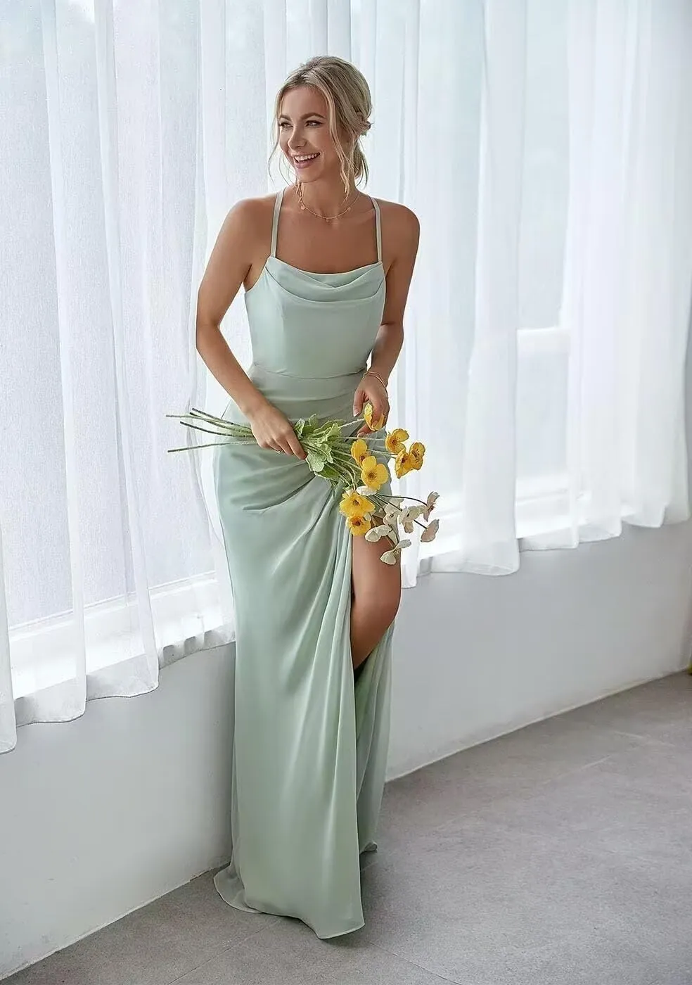 Spaghetti Straps Bridesmaid Dresses for Wedding Chiffon Side Slit Long Formal Dresses for Women Evening Party