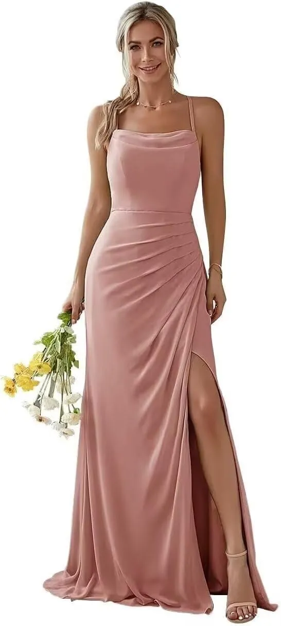 Spaghetti Straps Bridesmaid Dresses for Wedding Chiffon Side Slit Long Formal Dresses for Women Evening Party