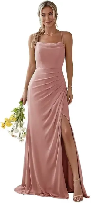 Spaghetti Straps Bridesmaid Dresses for Wedding Chiffon Side Slit Long Formal Dresses for Women Evening Party