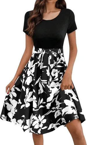 Spring Dresses for Women Crewneck Classy High Waist Short Sleeve Beach Simple Tie Waist Floral Print Short Dresses