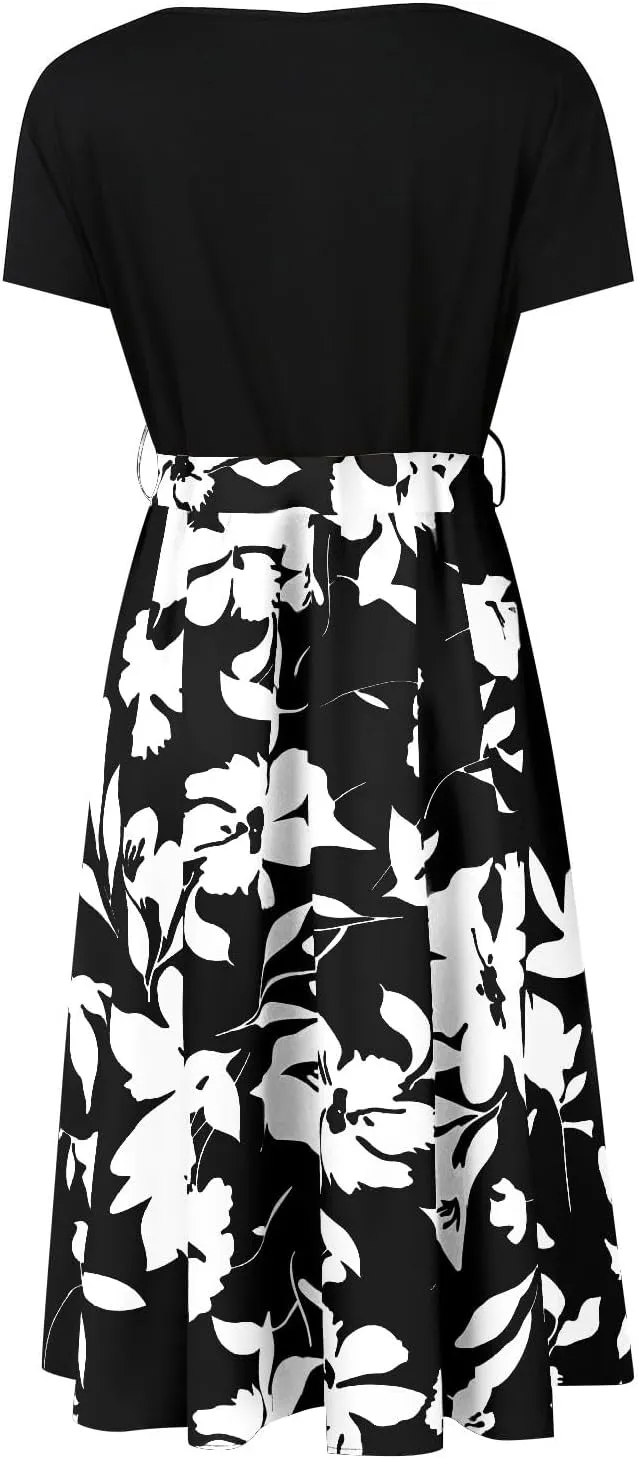 Spring Dresses for Women Crewneck Classy High Waist Short Sleeve Beach Simple Tie Waist Floral Print Short Dresses