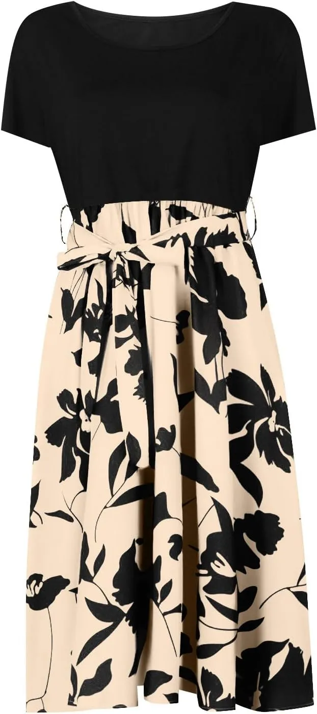 Spring Dresses for Women Crewneck Classy High Waist Short Sleeve Beach Simple Tie Waist Floral Print Short Dresses