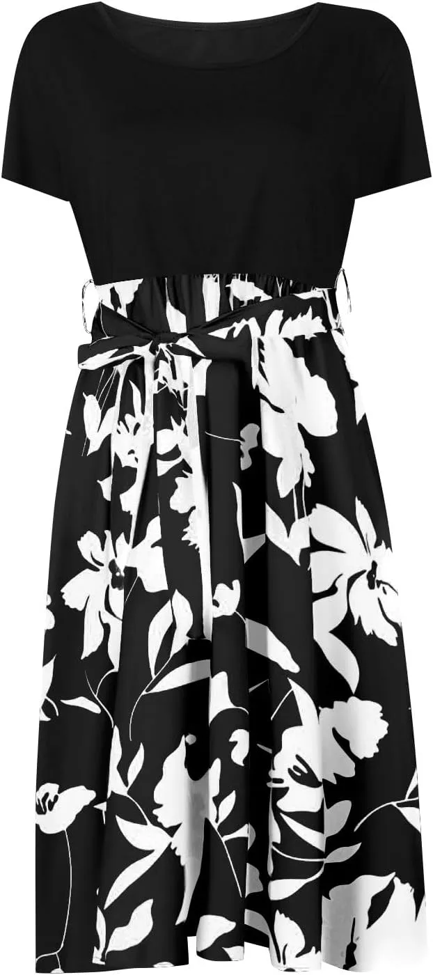 Spring Dresses for Women Crewneck Classy High Waist Short Sleeve Beach Simple Tie Waist Floral Print Short Dresses