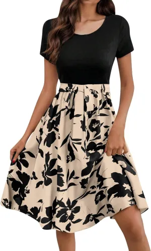 Spring Dresses for Women Crewneck Classy High Waist Short Sleeve Beach Simple Tie Waist Floral Print Short Dresses