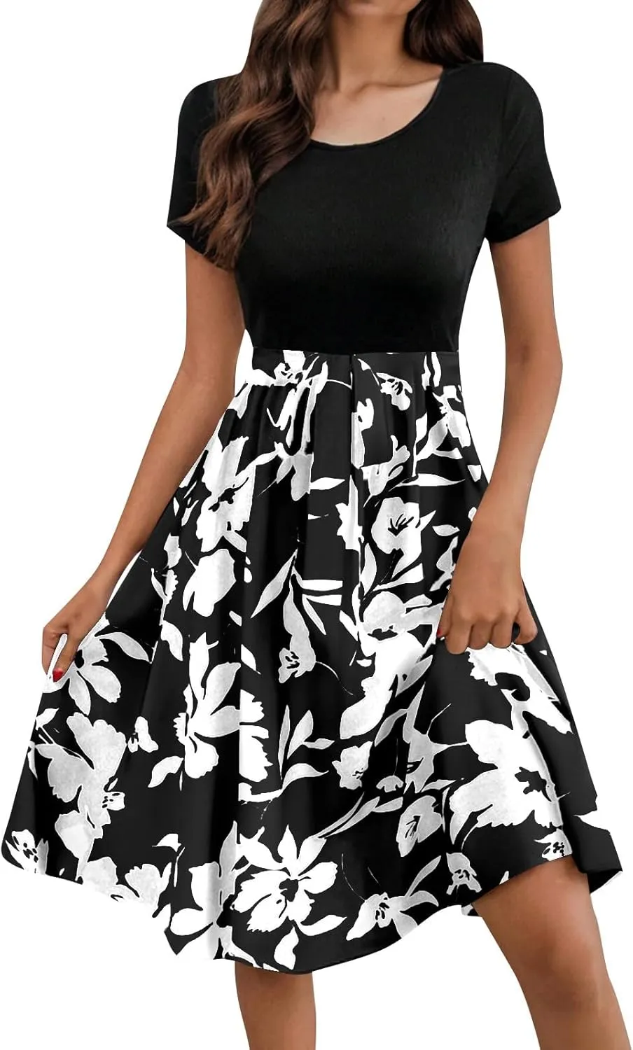 Spring Dresses for Women Crewneck Classy High Waist Short Sleeve Beach Simple Tie Waist Floral Print Short Dresses
