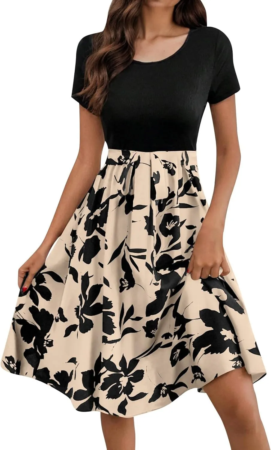 Spring Dresses for Women Crewneck Classy High Waist Short Sleeve Beach Simple Tie Waist Floral Print Short Dresses