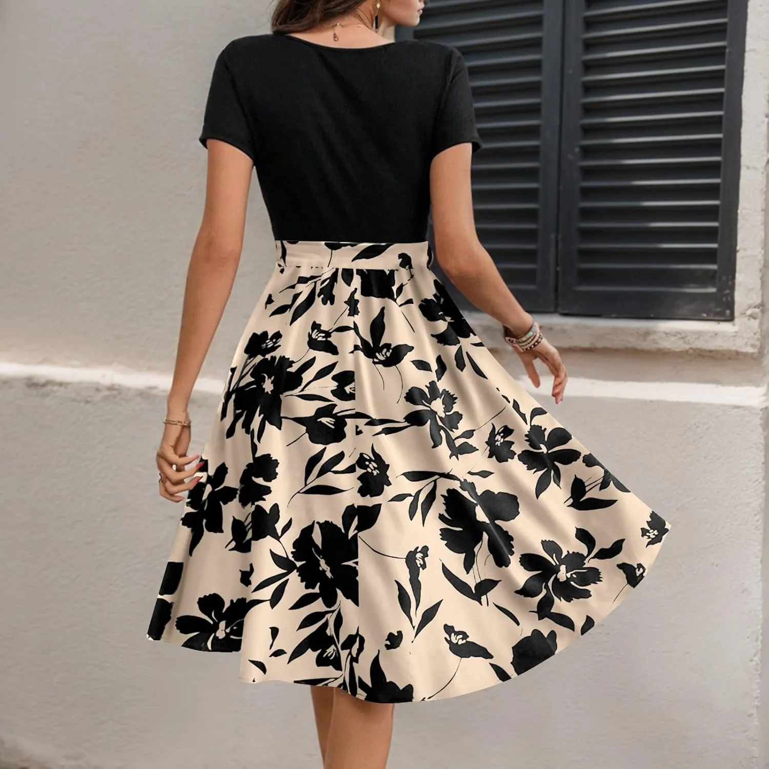 Spring Dresses for Women Crewneck Classy High Waist Short Sleeve Beach Simple Tie Waist Floral Print Short Dresses