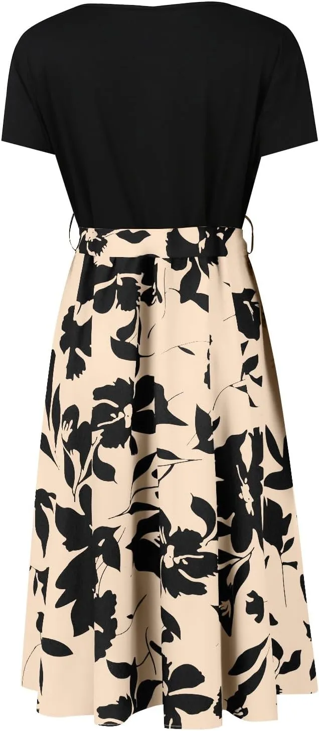Spring Dresses for Women Crewneck Classy High Waist Short Sleeve Beach Simple Tie Waist Floral Print Short Dresses