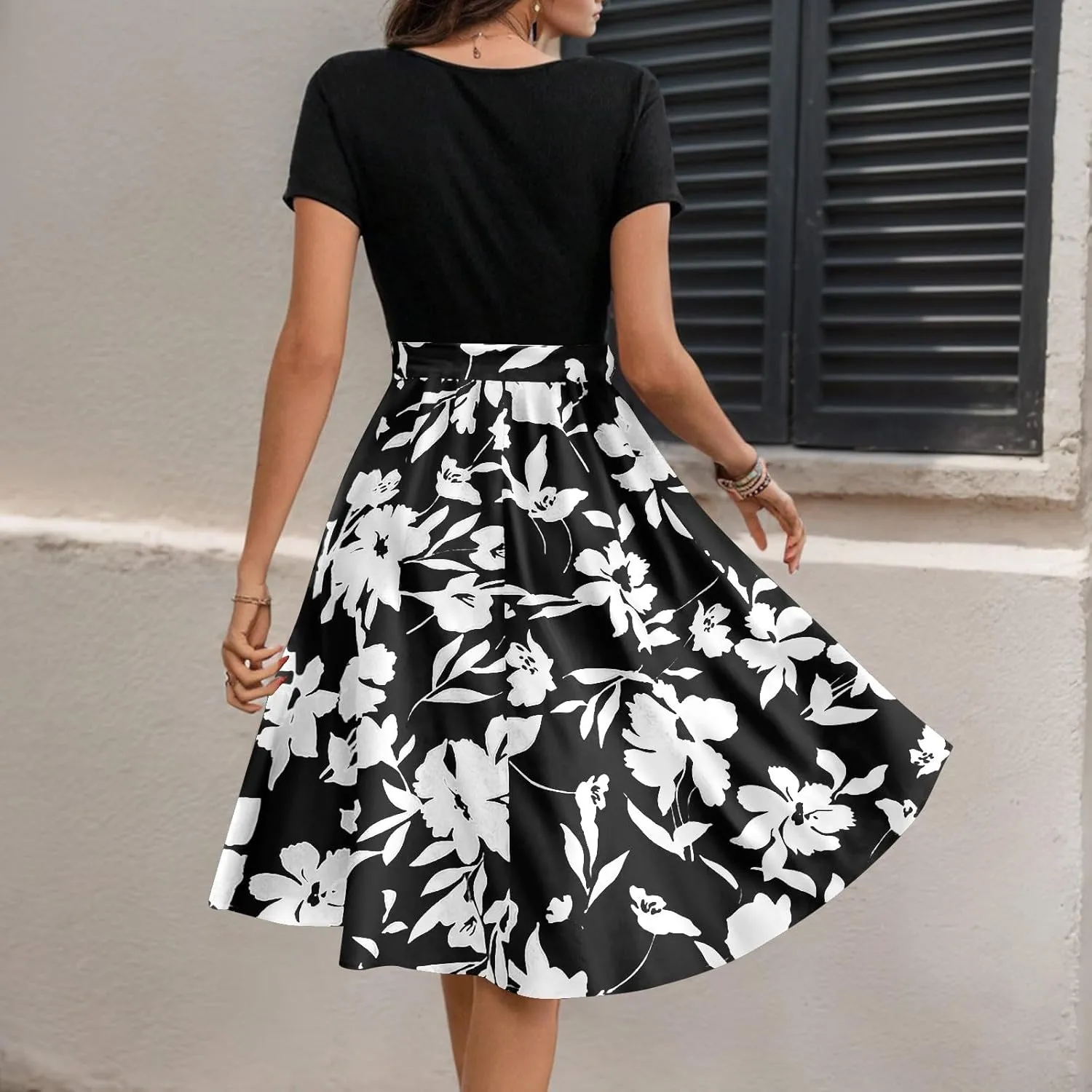Spring Dresses for Women Crewneck Classy High Waist Short Sleeve Beach Simple Tie Waist Floral Print Short Dresses