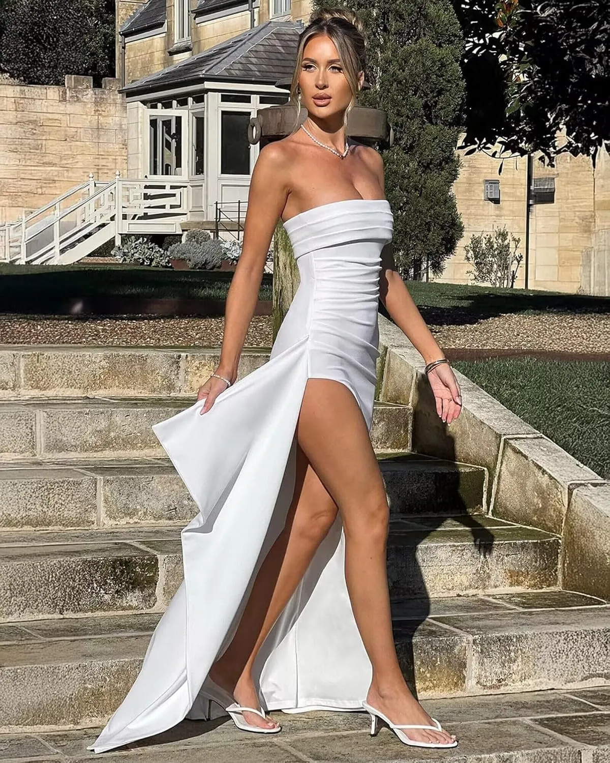 Strapless Satin Prom Dresses for Women Pleated Long Formal Party Dress with Side Slit
