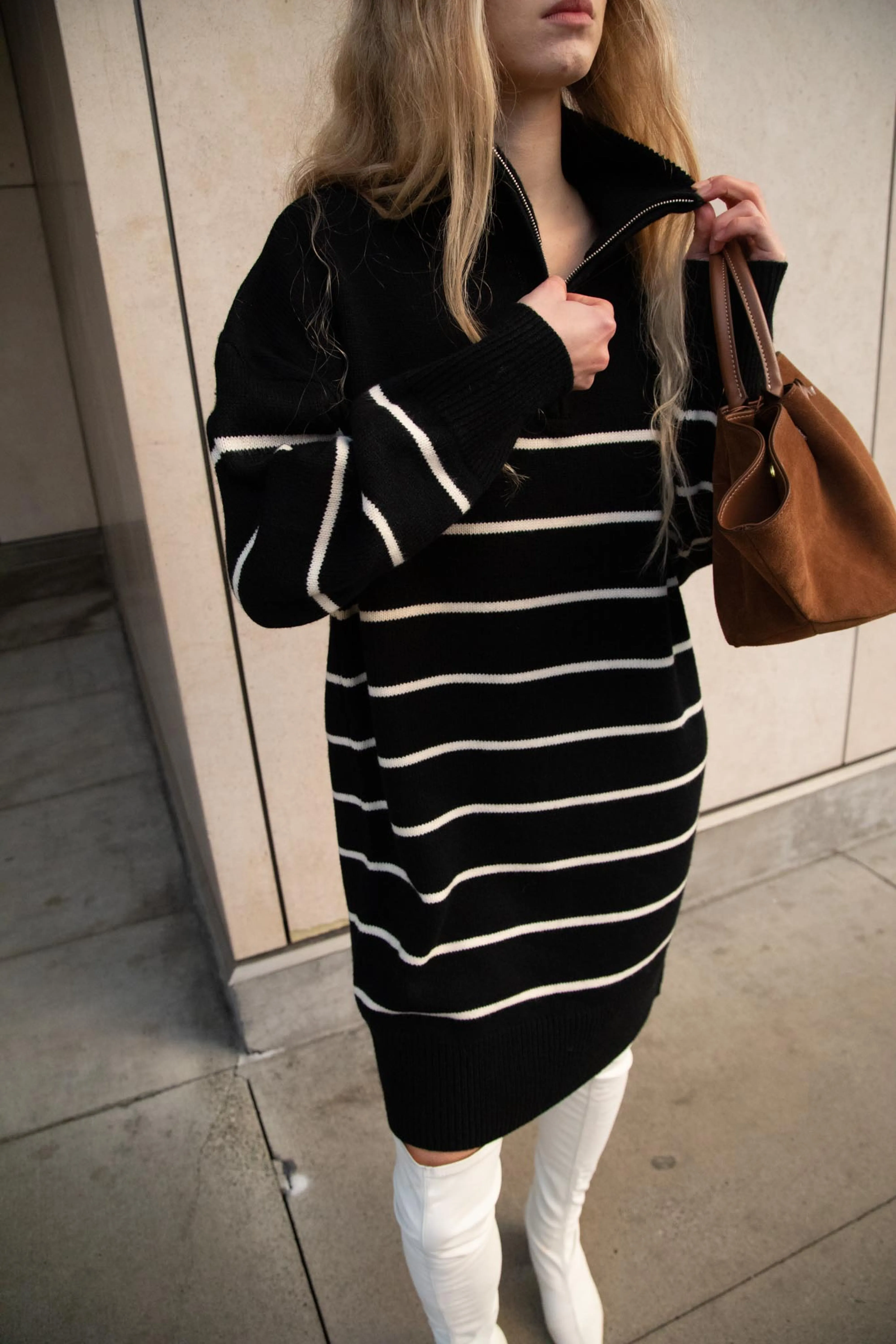STRIPED HALF-ZIP KNIT DRESS