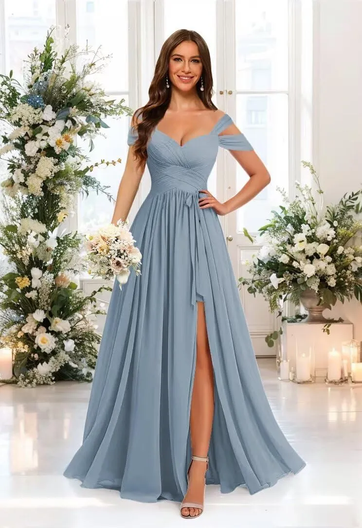 Stylefun Women's Off Shoulder Bridesmaid Dress with Belt Chiffon Ruched Formal Evening Gowns CYM201