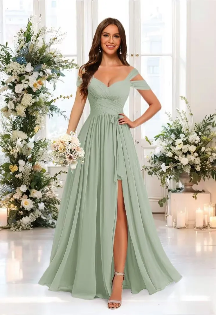 Stylefun Women's Off Shoulder Bridesmaid Dress with Belt Chiffon Ruched Formal Evening Gowns CYM201