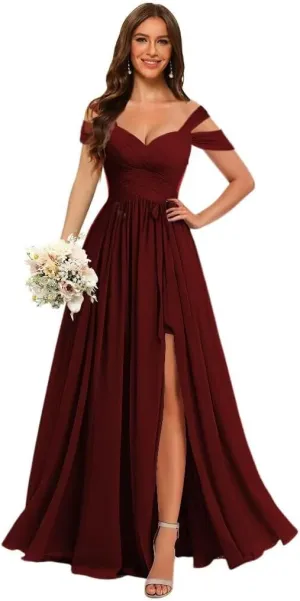 Stylefun Women's Off Shoulder Bridesmaid Dress with Belt Chiffon Ruched Formal Evening Gowns CYM201