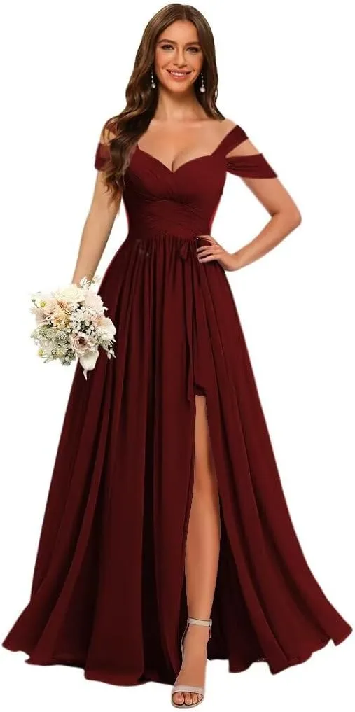 Stylefun Women's Off Shoulder Bridesmaid Dress with Belt Chiffon Ruched Formal Evening Gowns CYM201