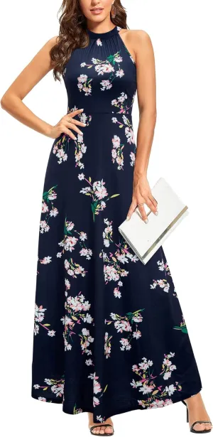 STYLEWORD Women's Summer 2025 Maxi Dress Floral Halter Neck Sexy Party Wedding Guest Long Formal Dress