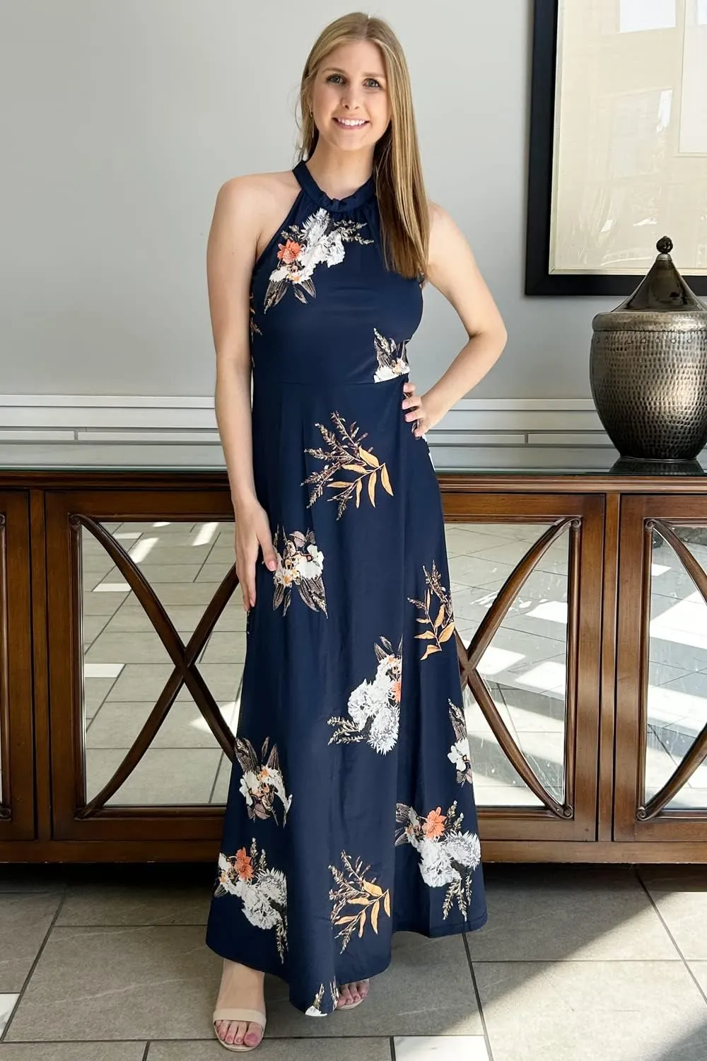 STYLEWORD Women's Summer 2025 Maxi Dress Floral Halter Neck Sexy Party Wedding Guest Long Formal Dress