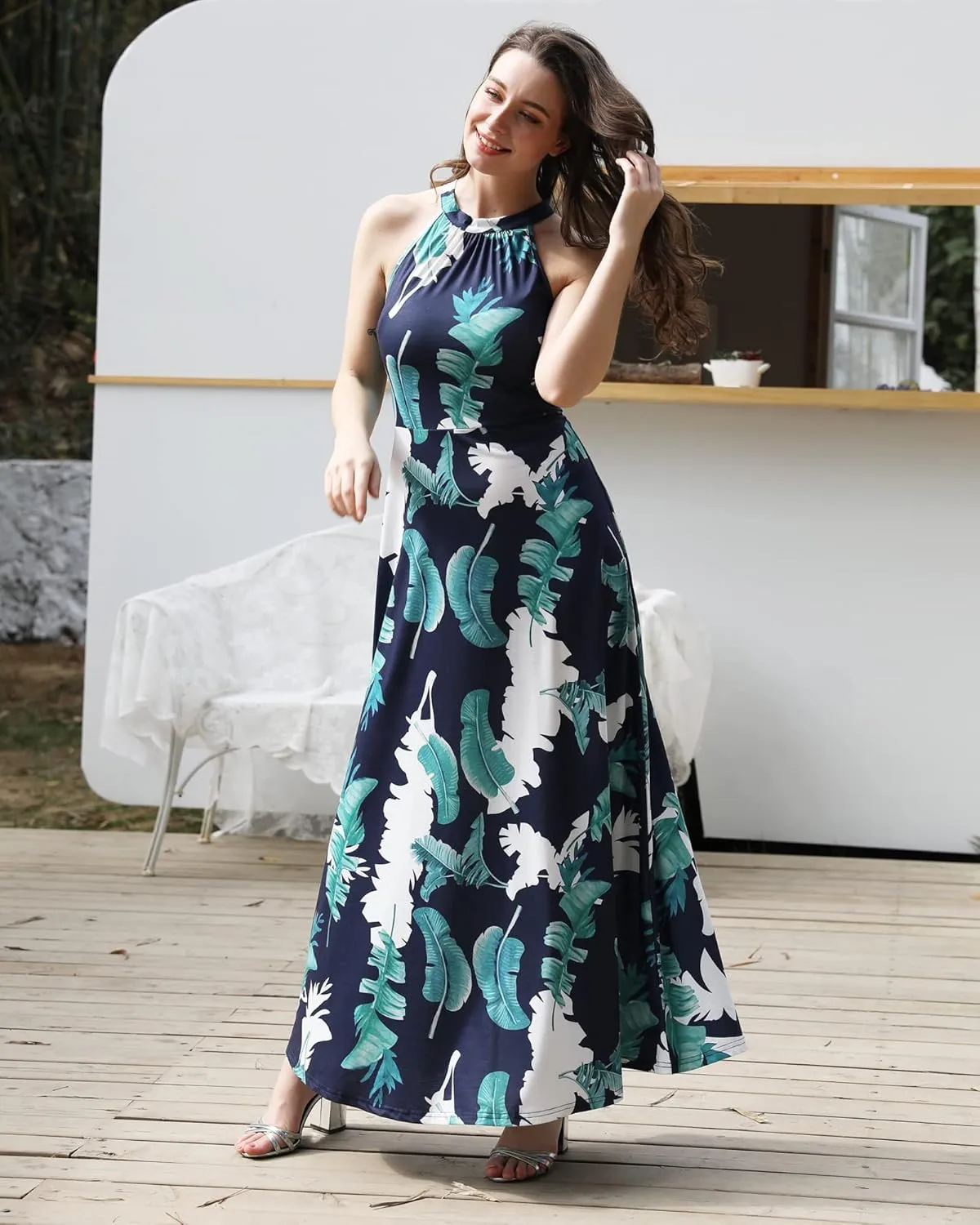 STYLEWORD Women's Summer 2025 Maxi Dress Floral Halter Neck Sexy Party Wedding Guest Long Formal Dress
