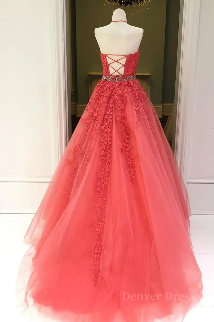 Stylish Backless Coral Lace Long Prom Dress Coral Lace Formal Graduation Evening Dress