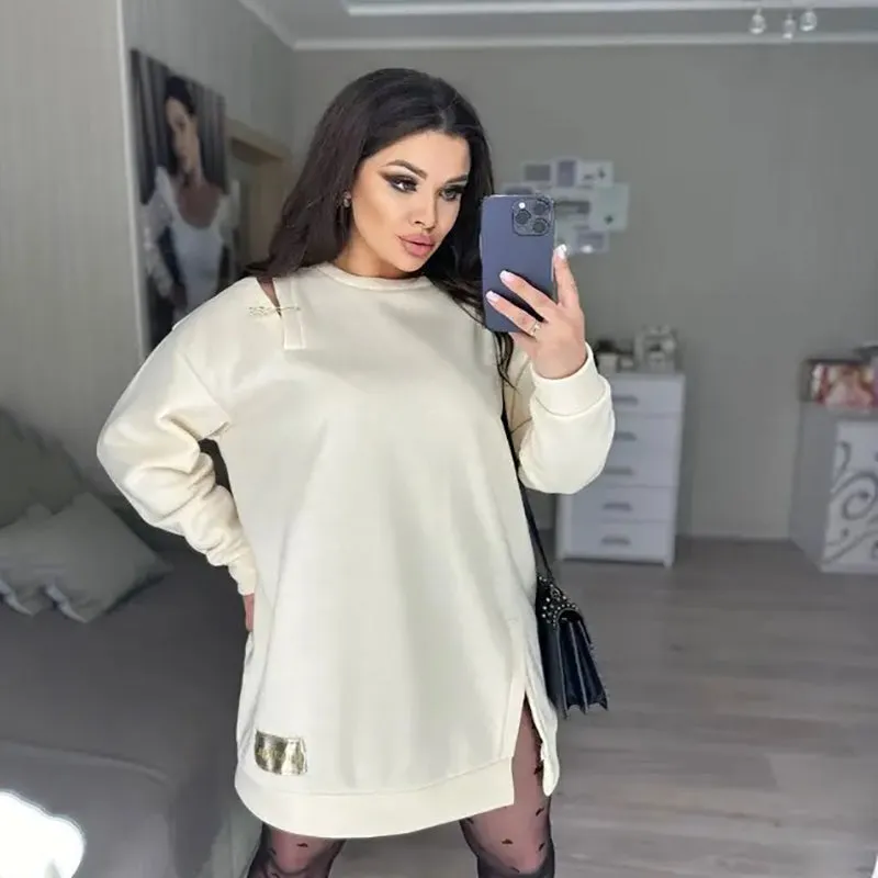 Stylish Round-Neck Side-Slit Long-Sleeve Loose Midi Dress ✨