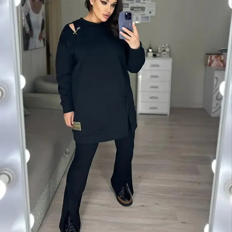 Stylish Round-Neck Side-Slit Long-Sleeve Loose Midi Dress ✨
