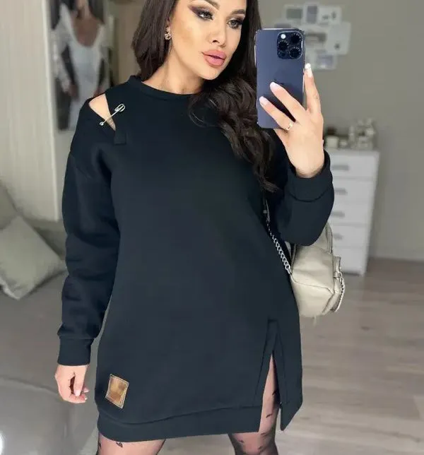 Stylish Round-Neck Side-Slit Long-Sleeve Loose Midi Dress ✨