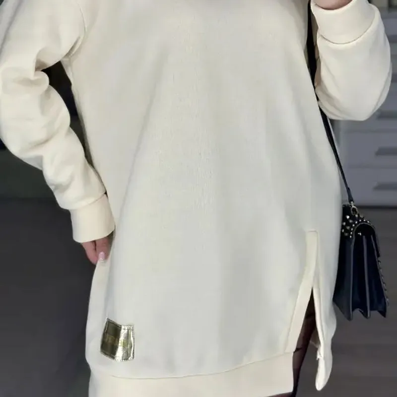Stylish Round-Neck Side-Slit Long-Sleeve Loose Midi Dress ✨