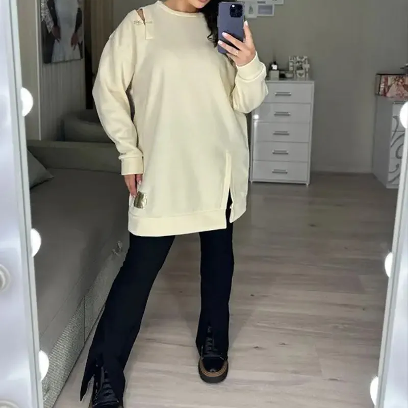 Stylish Round-Neck Side-Slit Long-Sleeve Loose Midi Dress ✨