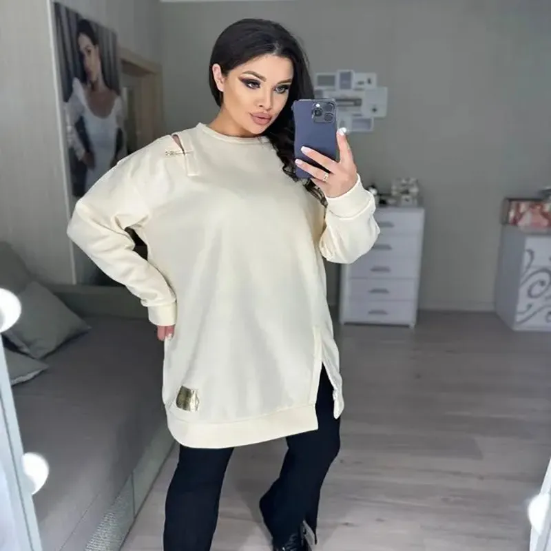 Stylish Round-Neck Side-Slit Long-Sleeve Loose Midi Dress ✨
