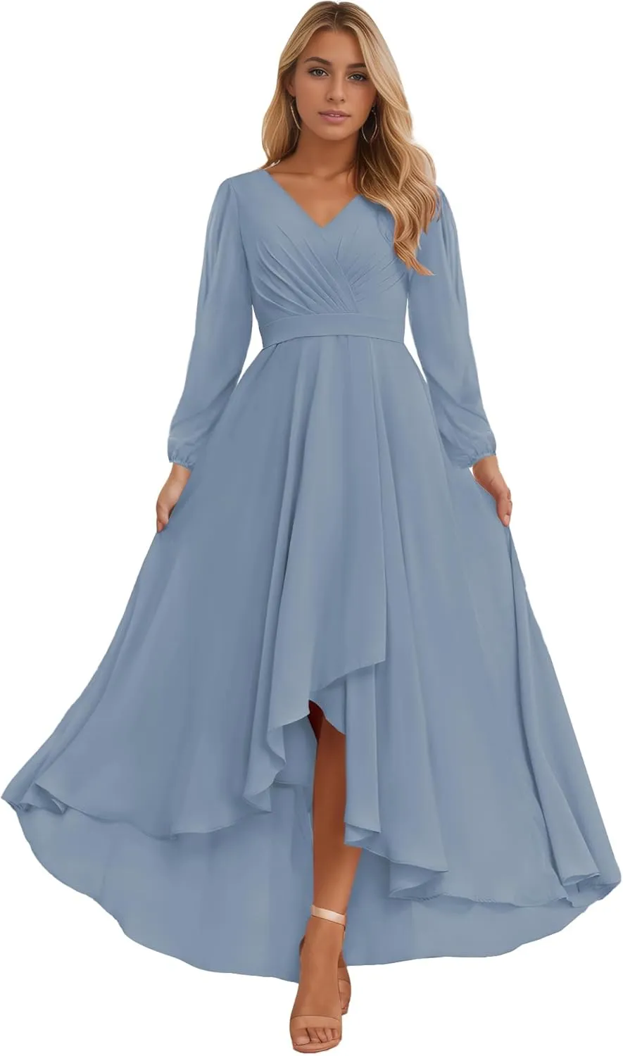 Sukleet Long Sleeve Bridesmaid Dresses for Women 2025 V Neck Ruched Chiffon Formal Dress