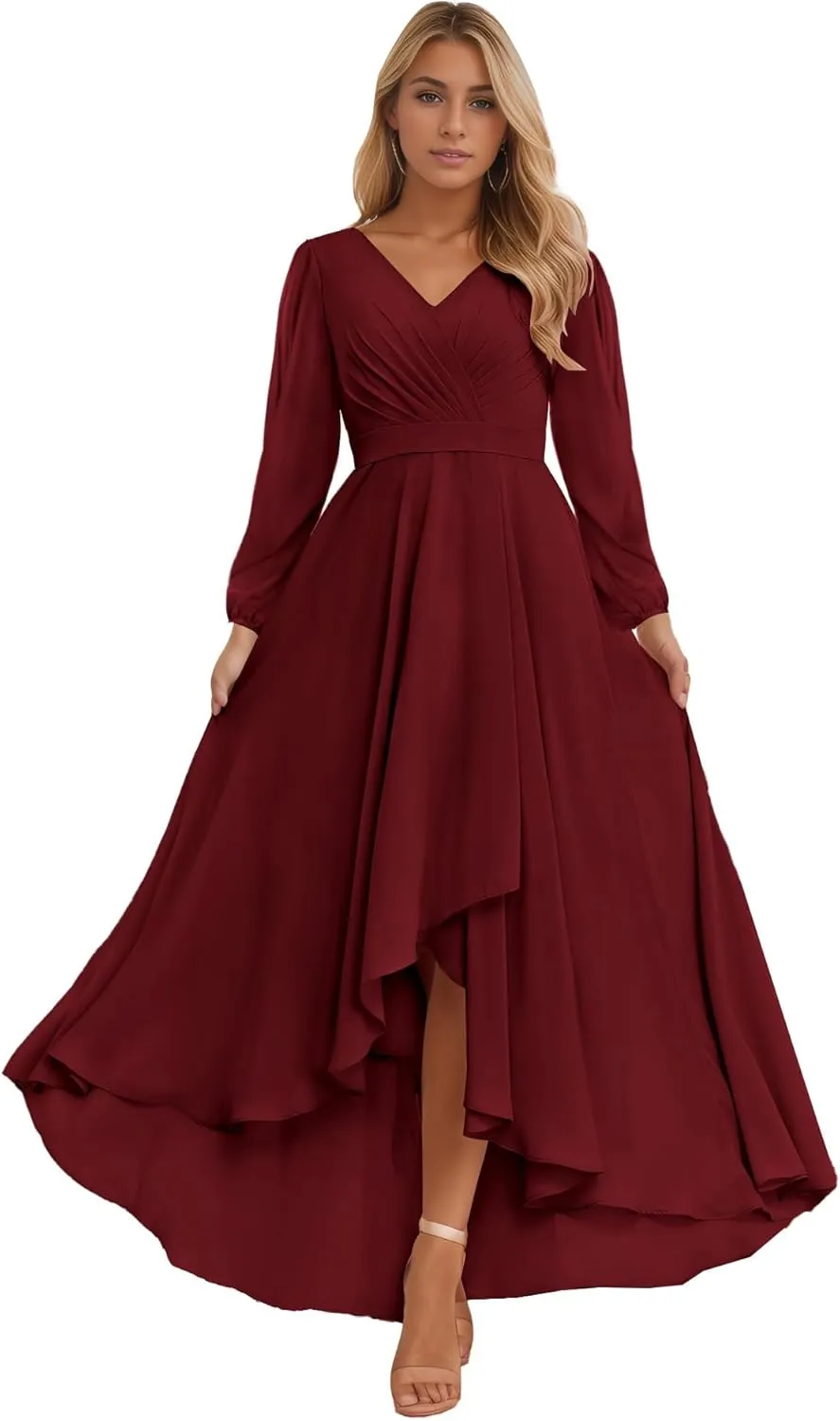 Sukleet Long Sleeve Bridesmaid Dresses for Women 2025 V Neck Ruched Chiffon Formal Dress