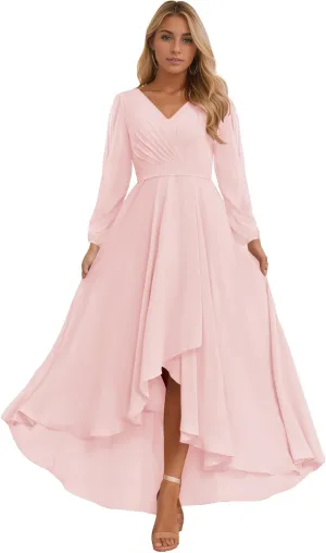 Sukleet Long Sleeve Bridesmaid Dresses for Women 2025 V Neck Ruched Chiffon Formal Dress