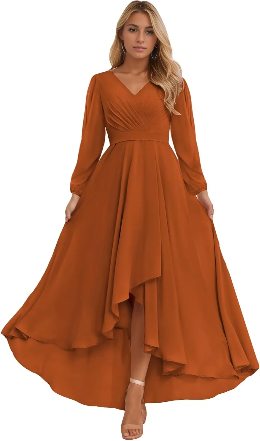 Sukleet Long Sleeve Bridesmaid Dresses for Women 2025 V Neck Ruched Chiffon Formal Dress