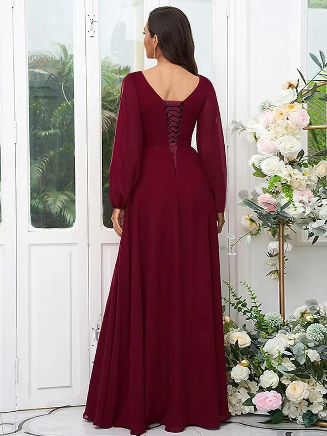 Sukleet Long Sleeve Bridesmaid Dresses for Women 2025 V Neck Ruched Chiffon Formal Dress