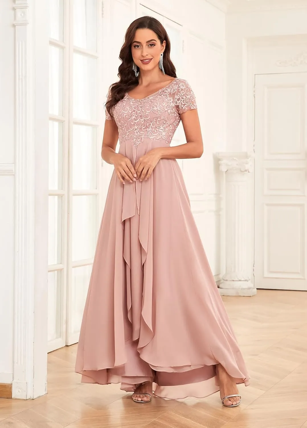 Sukleet Short Sleeve Mother of The Bride Dresses for Wedding Ruffle Chiffon Lace Formal Evening Dress