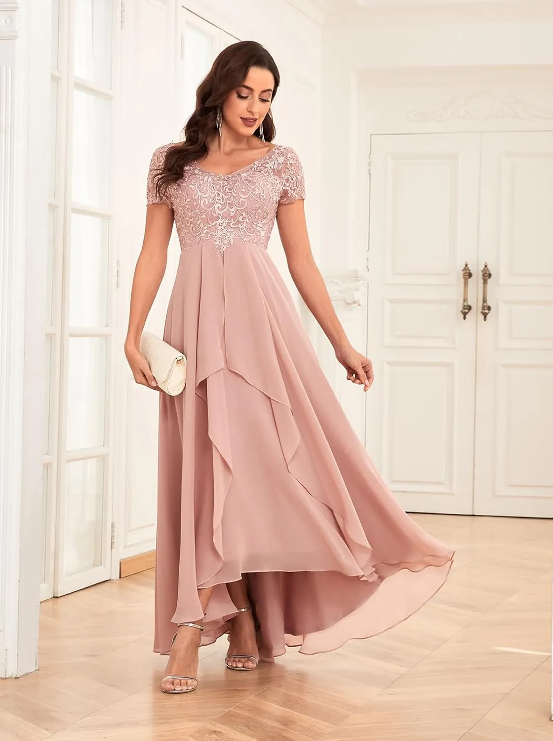 Sukleet Short Sleeve Mother of The Bride Dresses for Wedding Ruffle Chiffon Lace Formal Evening Dress