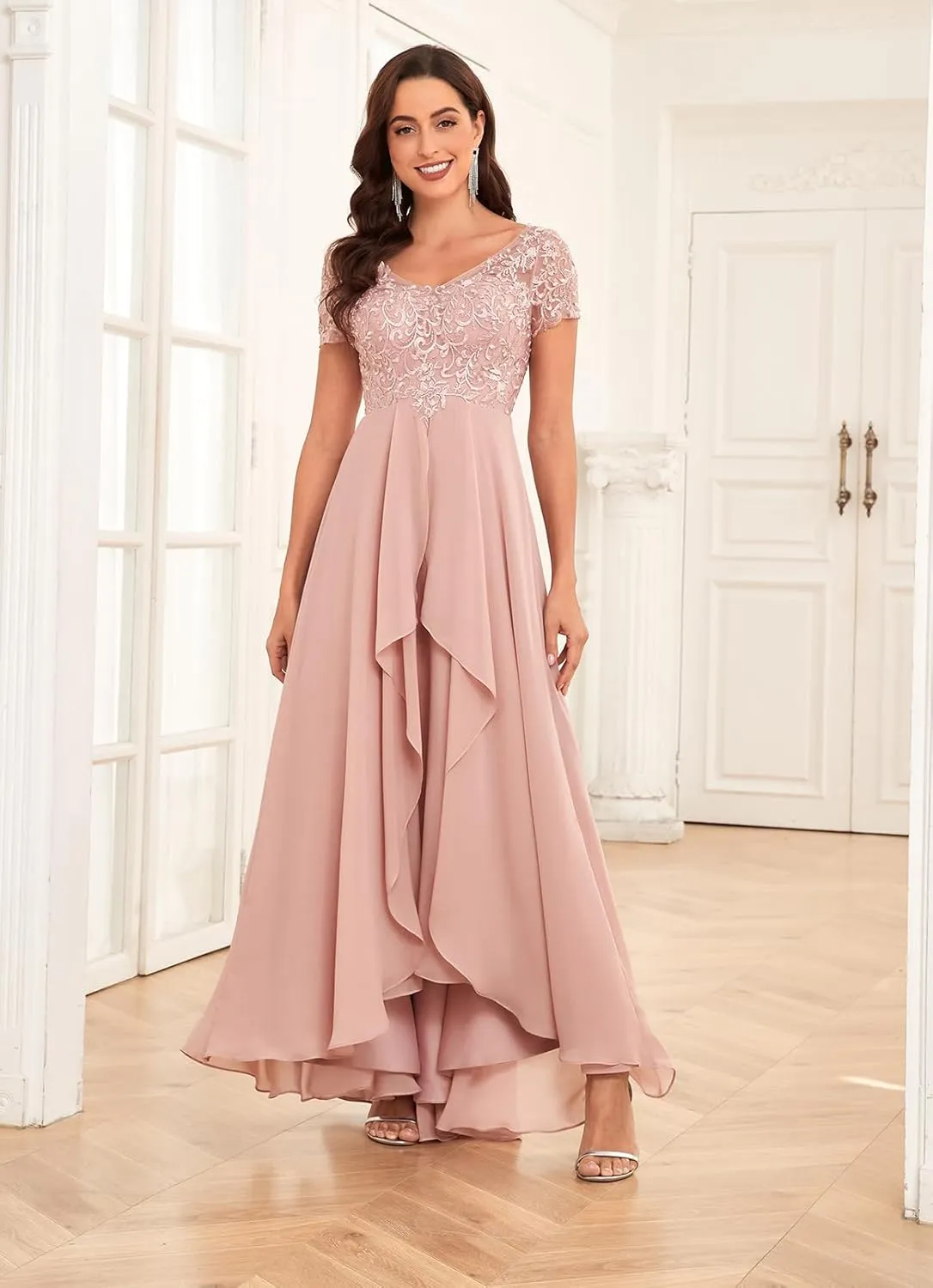 Sukleet Short Sleeve Mother of The Bride Dresses for Wedding Ruffle Chiffon Lace Formal Evening Dress