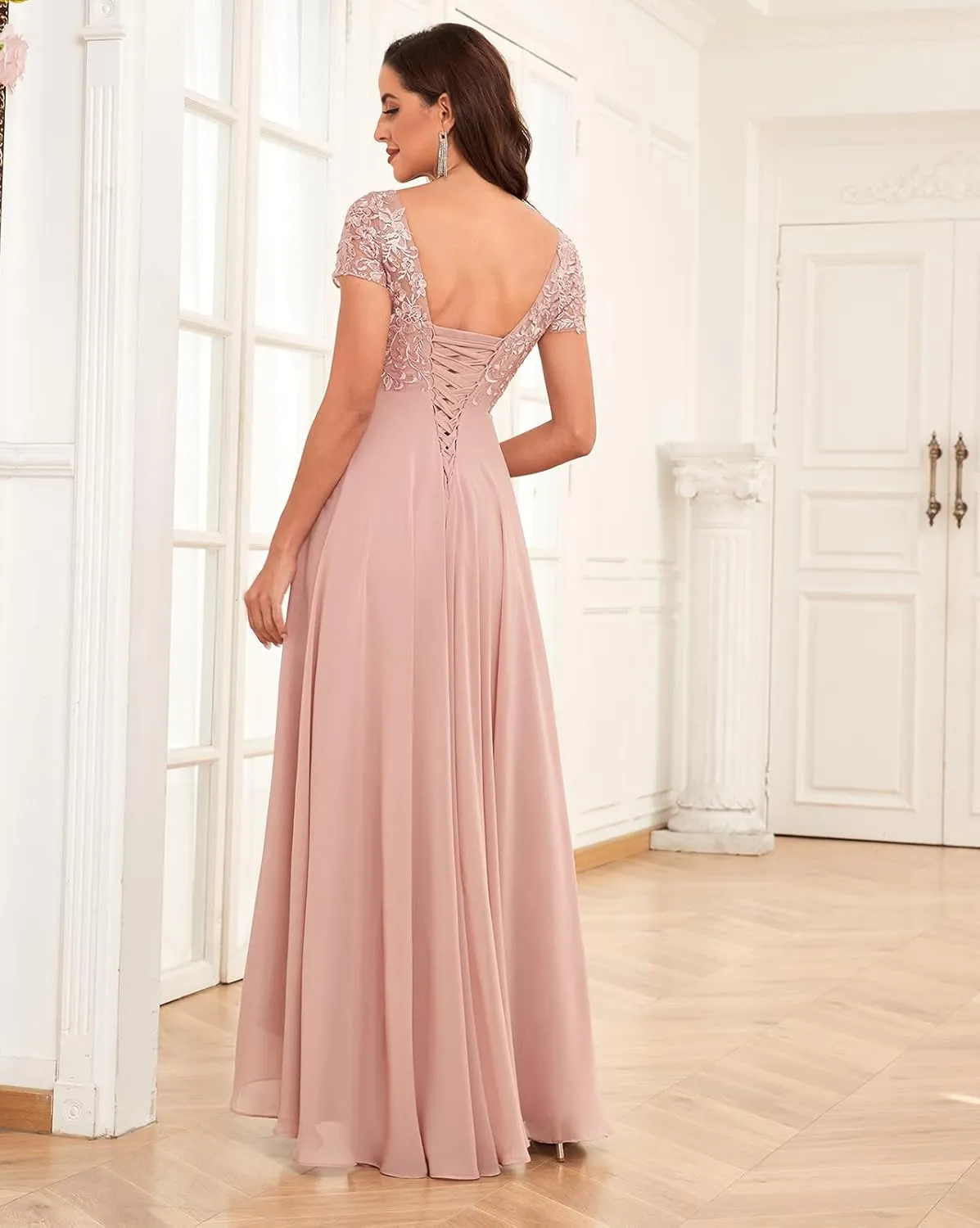 Sukleet Short Sleeve Mother of The Bride Dresses for Wedding Ruffle Chiffon Lace Formal Evening Dress
