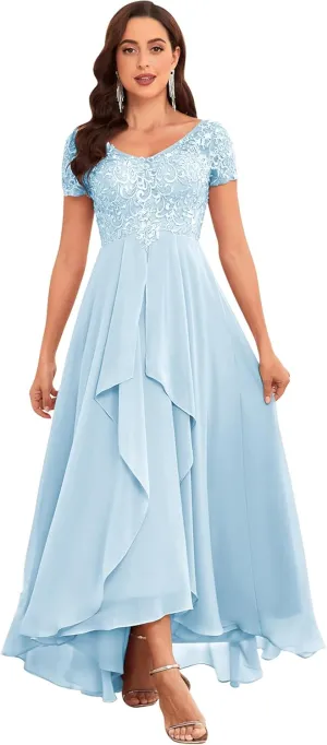 Sukleet Short Sleeve Mother of The Bride Dresses for Wedding Ruffle Chiffon Lace Formal Evening Dress