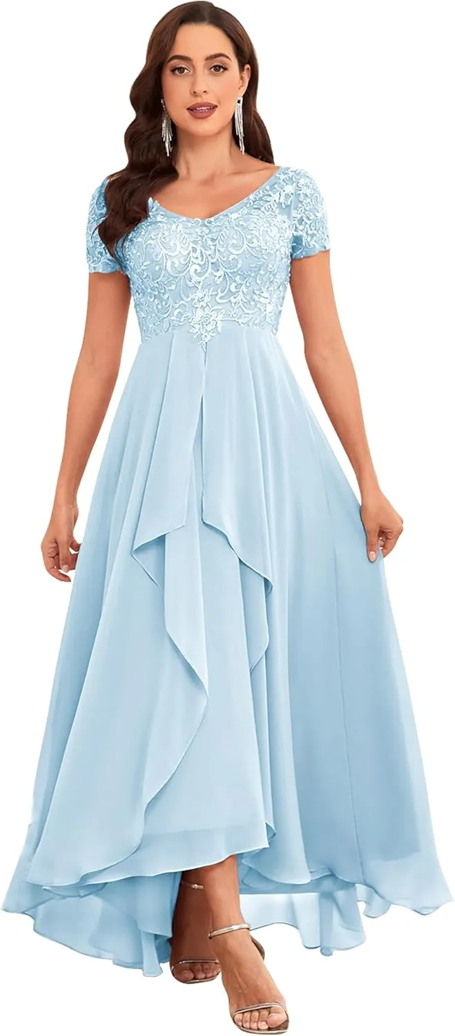 Sukleet Short Sleeve Mother of The Bride Dresses for Wedding Ruffle Chiffon Lace Formal Evening Dress