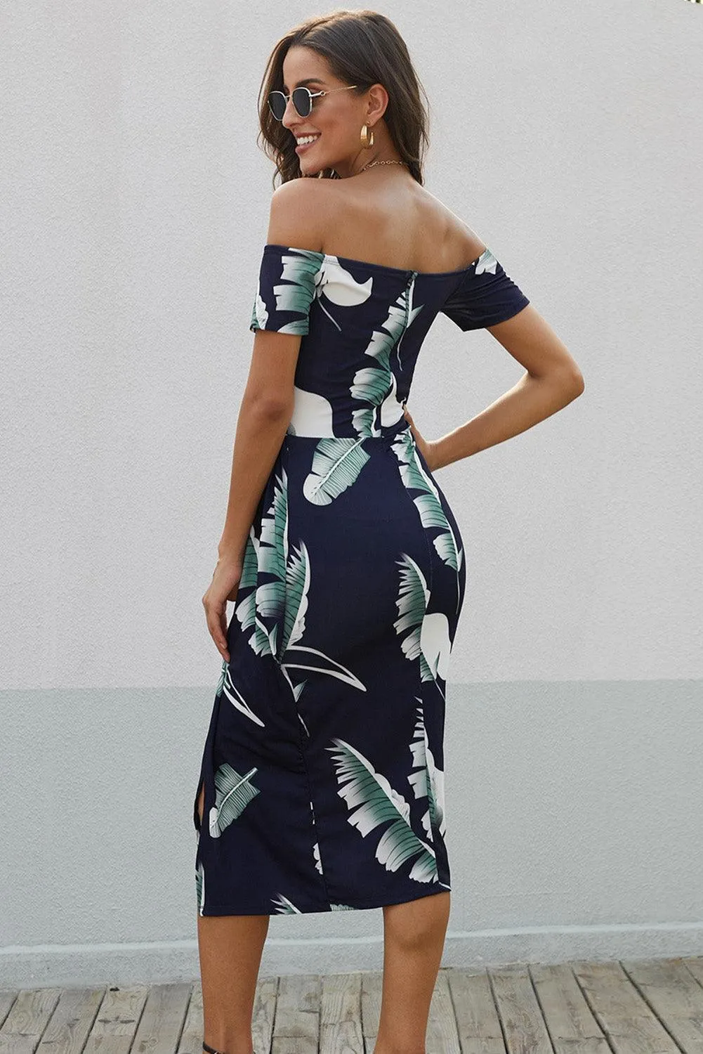 Summer Aesthetic Printed Off Shoulder Slit Dress